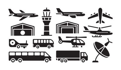 Collection of black glyph icons showcasing airport infrastructure aircraft helicopters hangars and ground staff. © MD.RAHIM