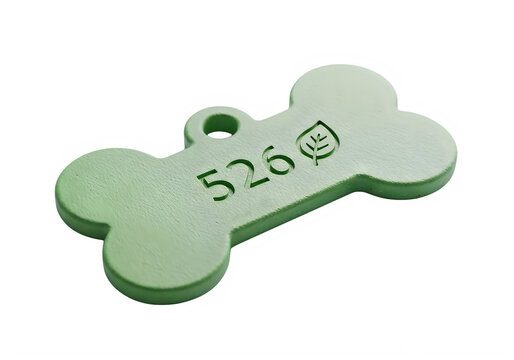 Eco-friendly green dog bone tag with engraved number 526 and leaf icon, sustainable recycled plastic pet identification charm for collars, durable matte finish animal accessory for tracking and