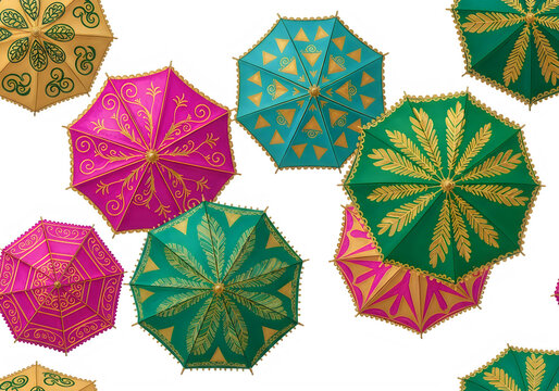 Traditional Indian decorative umbrellas with gold embroidery, vibrant pink and teal silk parasols featuring intricate ethnic patterns and golden thread work. Colorful oriental sunshades with