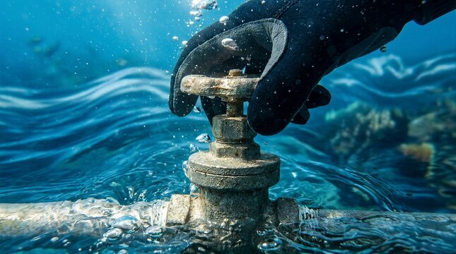 Diver hand turning rusty metal pipeline valve underwater surrounded by bubbles representing marine engineering ocean thermal energy conversion and subsea infrastructure maintenance