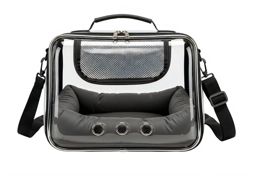 Transparent pet carrier bag with breathable mesh and soft cushion, modern clear plastic cat travel crate with black shoulder strap and ventilation holes. Portable see-through pet transport