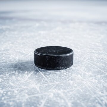 A detailed close-up shot of a black vulcanized rubber hockey puck resting on the scratched surface of a frozen indoor professional ice rink, exercise, professional, recreational