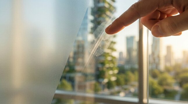 Close up of hand using biometric fingerprint scanner on transparent glass pane with blurred eco friendly city background for secure corporate access