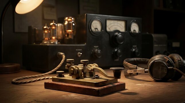 Vintage Radio Equipment: A still life composition featuring antique radio equipment, including vacuum tubes, a telegraph key, and headphones, bathed in the warm glow of a desk lamp.