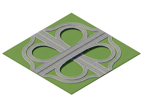 Isometric 3D Highway Cloverleaf Interchange on Green Land