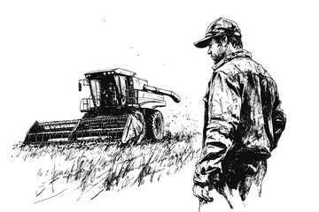 Naklejka premium Farmer Overseeing Combine Harvester in Wheat Field Agricultural Vector Illustration on White Background.