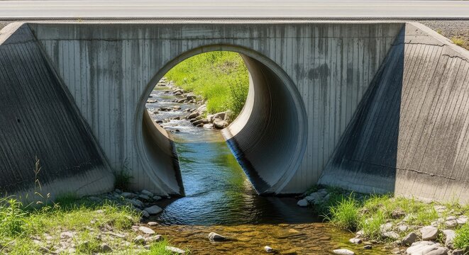 A massive grey concrete culvert pipe sits beneath a rural asphalt road, channeling a clear stream through a rocky bed with green grass, nature, road, conduit