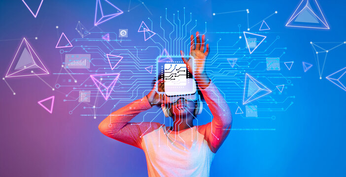 A young child engages with futuristic technology, showcasing elements of AI and virtual reality. The colorful digital backdrop enhances the concept of innovation and interaction. XDMCP