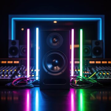 A professional audio speaker stands elegantly amidst a vibrant wash of multicolored neon lights and studio sound equipment in a dark room, audio, entertainment, sonic