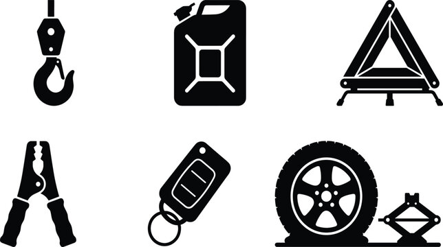 Roadside assistance and car emergency breakdown solid icon set representing towing services and vehicle recovery tools
