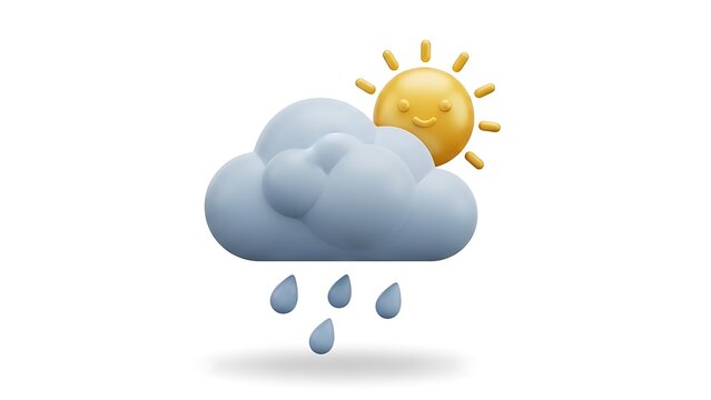 Stylized 3D icon of a sun behind a cloud with falling raindrops digital art white background cute weather light blue flat design illustration meteorology forecast precipitation