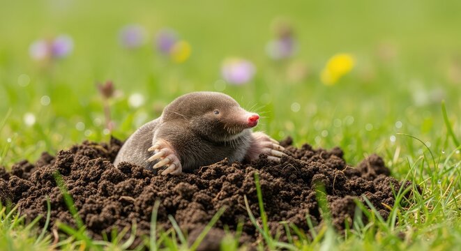 A small brown mole emerges from a fresh dirt mound in a lush green meadow, showcasing its powerful digging claws and small pink snout, daylight, organic, paws