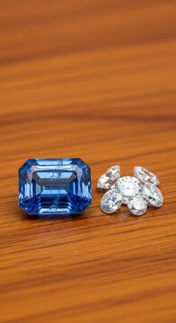 A stunning emerald shape blue sapphire rests beside sparkling loose diamonds on a wooden gemologist table, showing an uneven natural facet, gemology, still life, fine jewelry