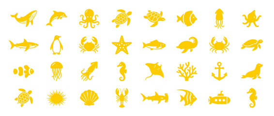 Collection of Yellow Marine Life Icons on White Background © Grid