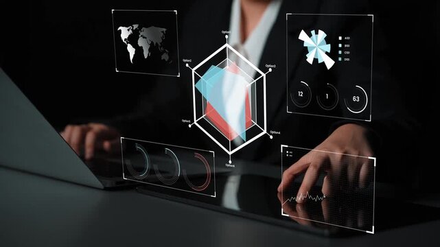 Business professional analyzing data trends and global statistics with futuristic graphics displayed on digital interface for strategic decision making Gluon.