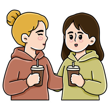 Two female friends chatting and drinking iced coffee cartoon vector