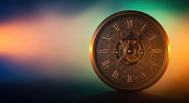 A vintage brass clock with an ornate dial features hands spinning backward through a misty glow, symbolizing a journey back into history, mechanical, motion, textured