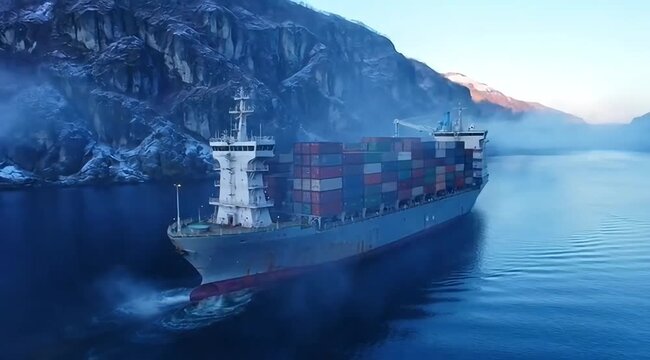 Cargo ship navigating icy Arctic waters at sunrise. Freight vessel transporting containers through polar fjord channel.