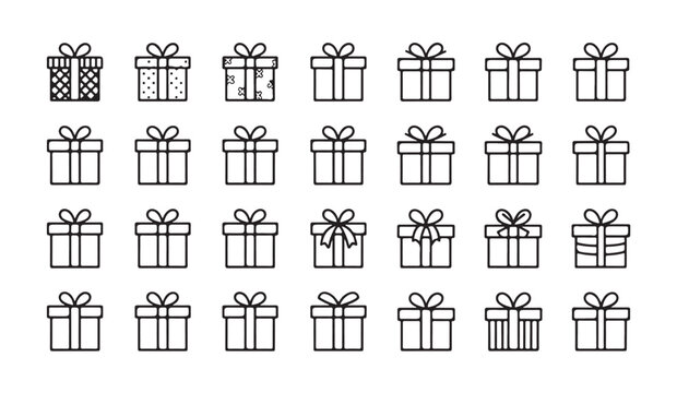 Set of gift box icons with various patterns isolated on white background, present boxes in outline style.