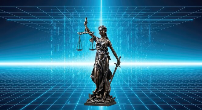 Bronze monument of Justice holding scales and sword within a vast virtual matrix of blue light, data streams, and futuristic grid lines, bronze, sword, floating