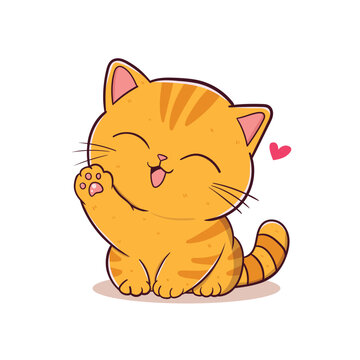 A cute orange tabby kitten raises its tiny paw in a friendly greeting, smiling with closed eyes. A small heart adds warmth, making this charming illustration perfect for love, friendship, and joy