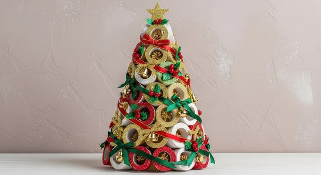 Elegant Christmas tree made of toilet paper rolls featuring golden glitter, silk ribbons, and festive accents against a soft taupe wall, december, holiday, decor