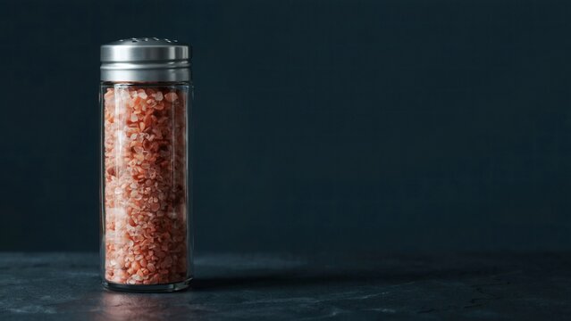 Glass spice shaker filled with pink himalayan salt crystals against dark minimalist background with positioned dark textured