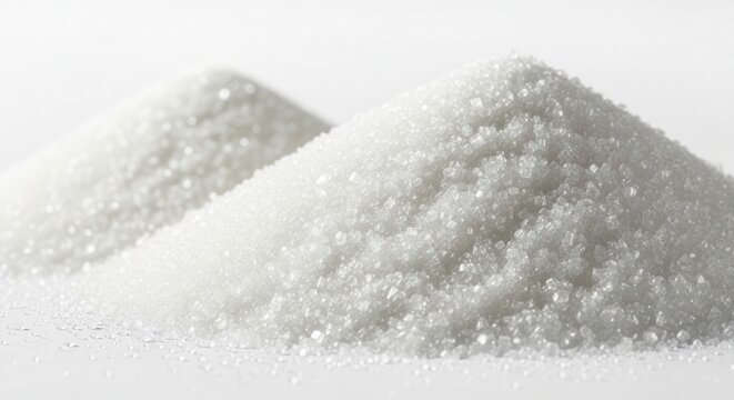 Two piles of white granulated sugar on a white background.