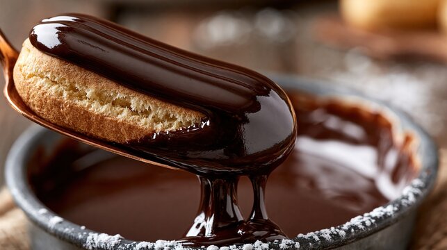 Close-up of an eclair being dipped into glossy chocolate glaze, dramatic light catching the shine, documentary French pastry process