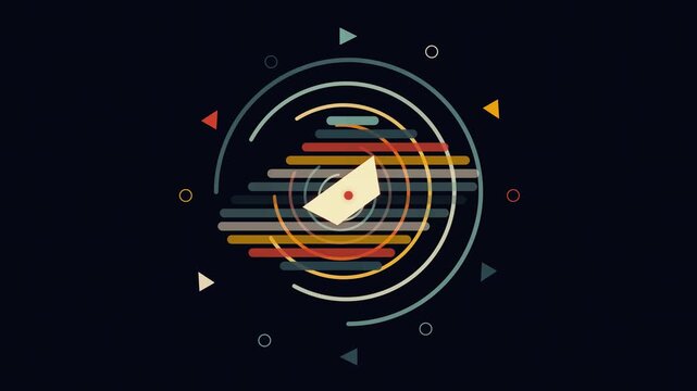 Abstract Minimalist Motion Graphic Animation with Rotating Geometric Circles and Floating Envelopes on Dark Background
