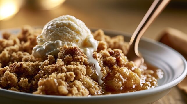 Close-up of warm apple crumble being served with a scoop of vanilla ice cream melting on top