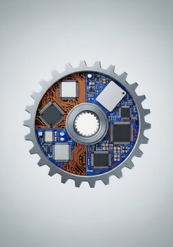 Industrial metallic gear integrated with complex electronic circuitry and microchips, showing the fusion of mechanical parts and digital logic, innovation, mechanical, metal
