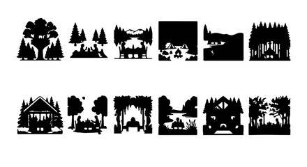 Obraz premium Nature Landscape Silhouettes, Forest Scenes, Camping Icons, Outdoor Vector Art Set