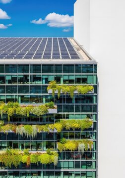Modern office building featuring large glass windows, rooftop solar panels, and lush vertical gardens integrated into the eco-friendly facade, sustainability, clean, innovative