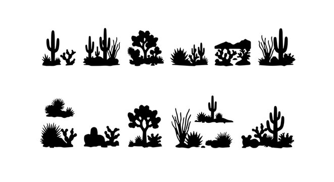 Desert Flora Silhouettes, Cactus Collection, Arid Landscape Plants, Vector Elements
