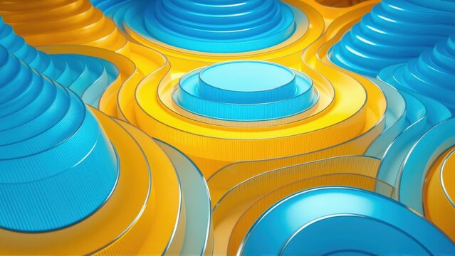 Abstract waves, vibrant blue, yellow hues. Layered circular forms create dynamic, flowing pattern. Modern digital rendering.