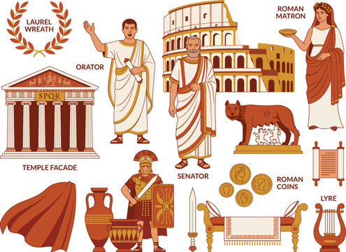 Comprehensive Ancient Rome Illustration Collection with Roman Empire Architecture Culture Characters Icons Symbols Including Colosseum Temple Senator and Soldier for Historical Creative Projects