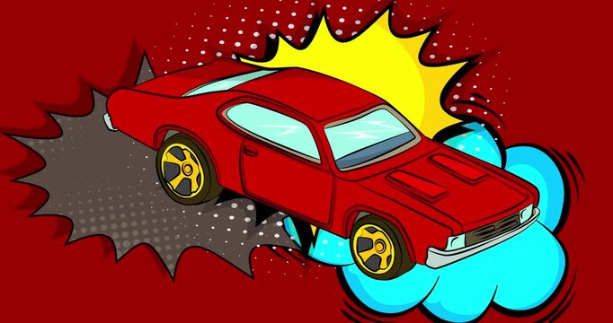 Cartoon Classic American Muscle Car, comic book Vintage Sports Car video. Retro comics pop art design animation.