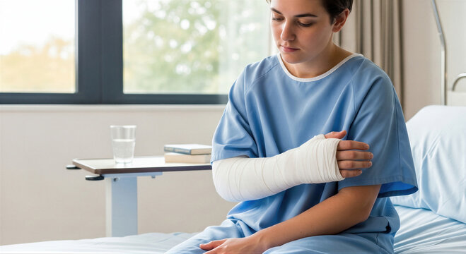 Woman in hospital gown with fractured arm in white plaster cast. Patient recovering from forearm injury sitting on bed. Medical trauma orthopedic treatment and rehabilitation concept.