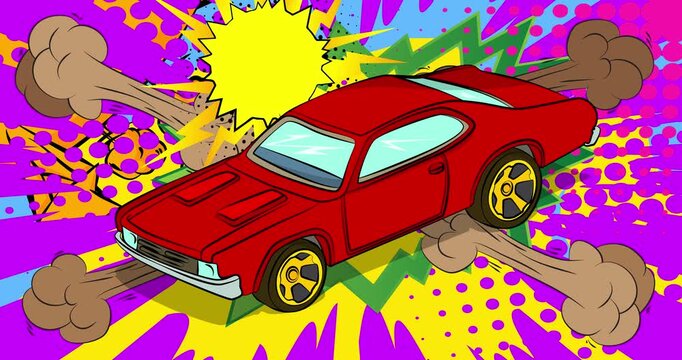 Cartoon Classic American Muscle Car, comic book Vintage Sports Car video. Retro comics pop art design animation.