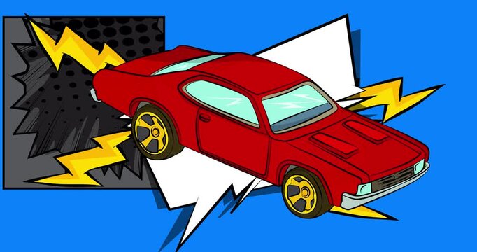 Cartoon Classic American Muscle Car, comic book Vintage Sports Car video. Retro comics pop art design animation.