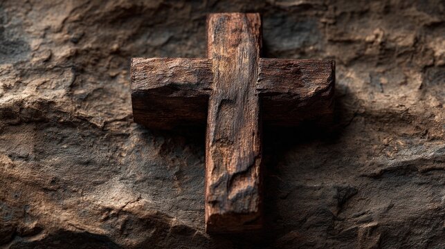 Wooden cross on stone background