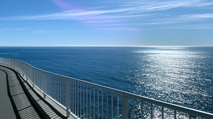 Obraz premium Scenic outdoor coastal drive landscape, gently curving grey road on left, long white metal guardrail separating road and vibrant blue ocean extending to horizon, sunlight shimmering on soft waves, bri
