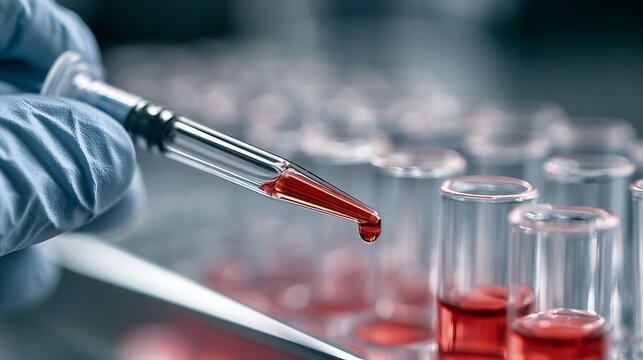 Scientist holding syringe with blood sample. Medical professional testing in laboratory.