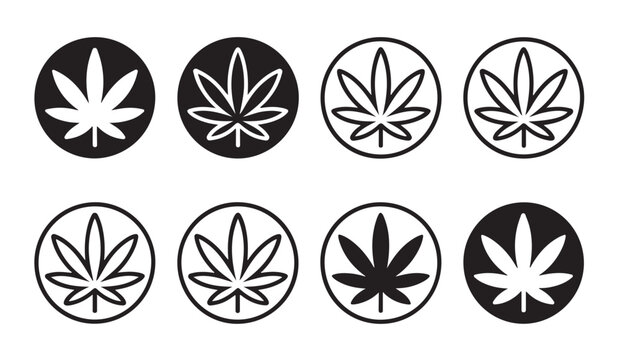 Cannabis leaf icons inside circular frames set collection black and white marijuana plant symbols vector design.