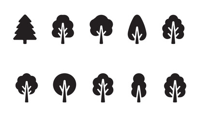 Set of black tree silhouettes for forest design icons representing nature plants vegetation or wood elements. © MDIKRAM