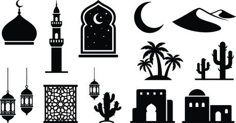 Naklejka premium Islamic culture and middle eastern landscape icons with landscape crescent architecture building religion tradition silhouette ornament religious celebration isolated