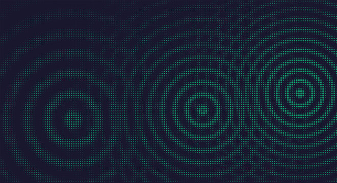 Dark green halftone radial ripple texture. glowing dotted overlapping circles, abstract sonic waves, retro dots. for futuristic music festival posters, cyber event flyers. dotted vector art.