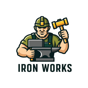 Strong blacksmith character holding a hammer and working on an iron anvil logo design.