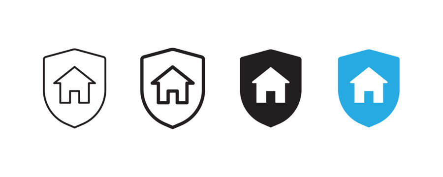 Home protection shield icon set visually represents property security and insurance concepts for digital platforms